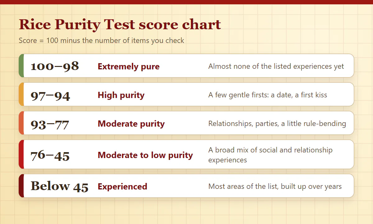 Rice Purity Test score chart: 100 to 98 extremely pure, 97 to 94 high purity, 93 to 77 moderate purity, 76 to 45 moderate to low purity, below 45 experienced