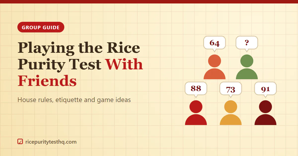 Group of friends comparing Rice Purity Test scores shown in speech bubbles